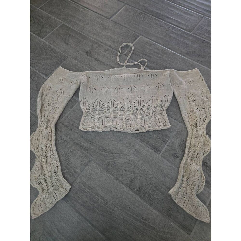 Urban Outfitters Laddered Knit Halterneck Crop Top Beige Cream Size L/XL Crochet